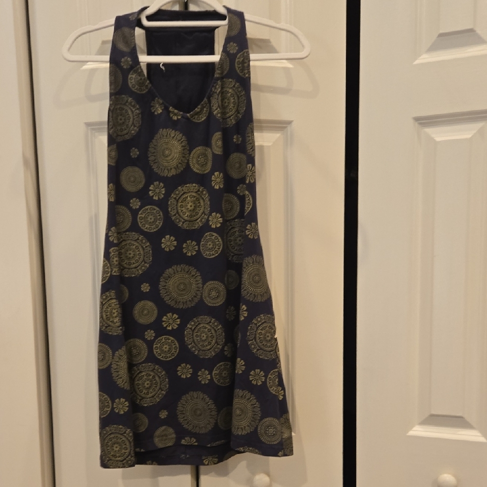 Chic Patterned Navy and Gold Mini Dress